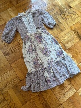 Vintage 60s/70s Floral Prairie Sheer Dress w Lace Panel & Puff Sleeve